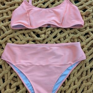 Amazon Women's Pink Ribbed High-Waist Bikini Set